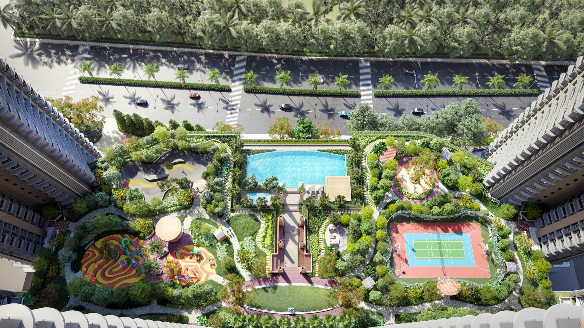 View of the Mahindra Vista amenity podium from a residence balcony