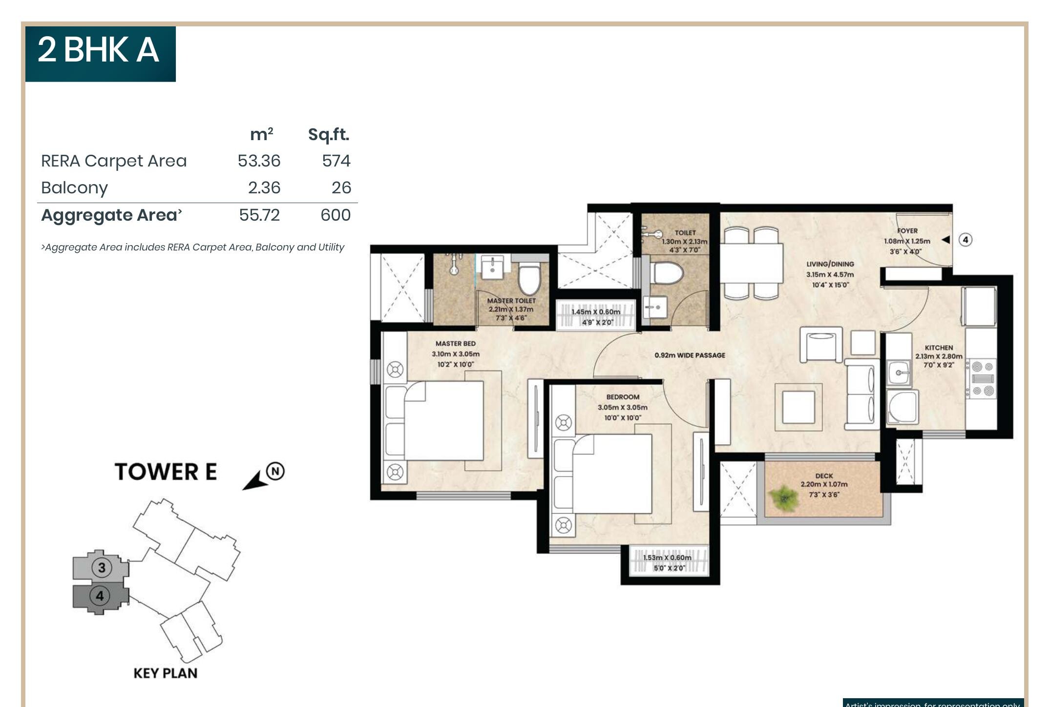2 BHK A floor plan — 574 sq.ft. carpet area, Mahindra Vista Kandivali East
