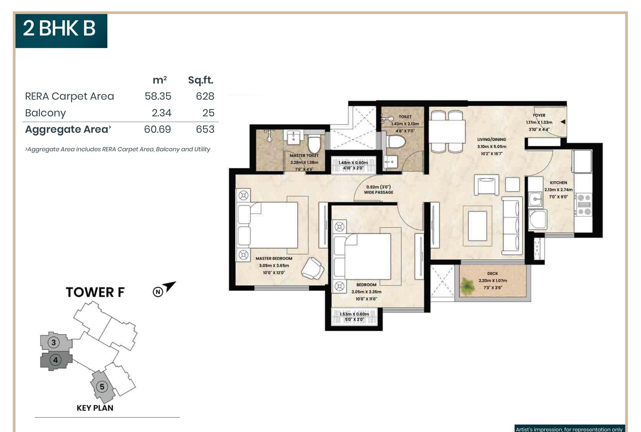 2 BHK B floor plan — 628 sq.ft. carpet area, Mahindra Vista Kandivali East