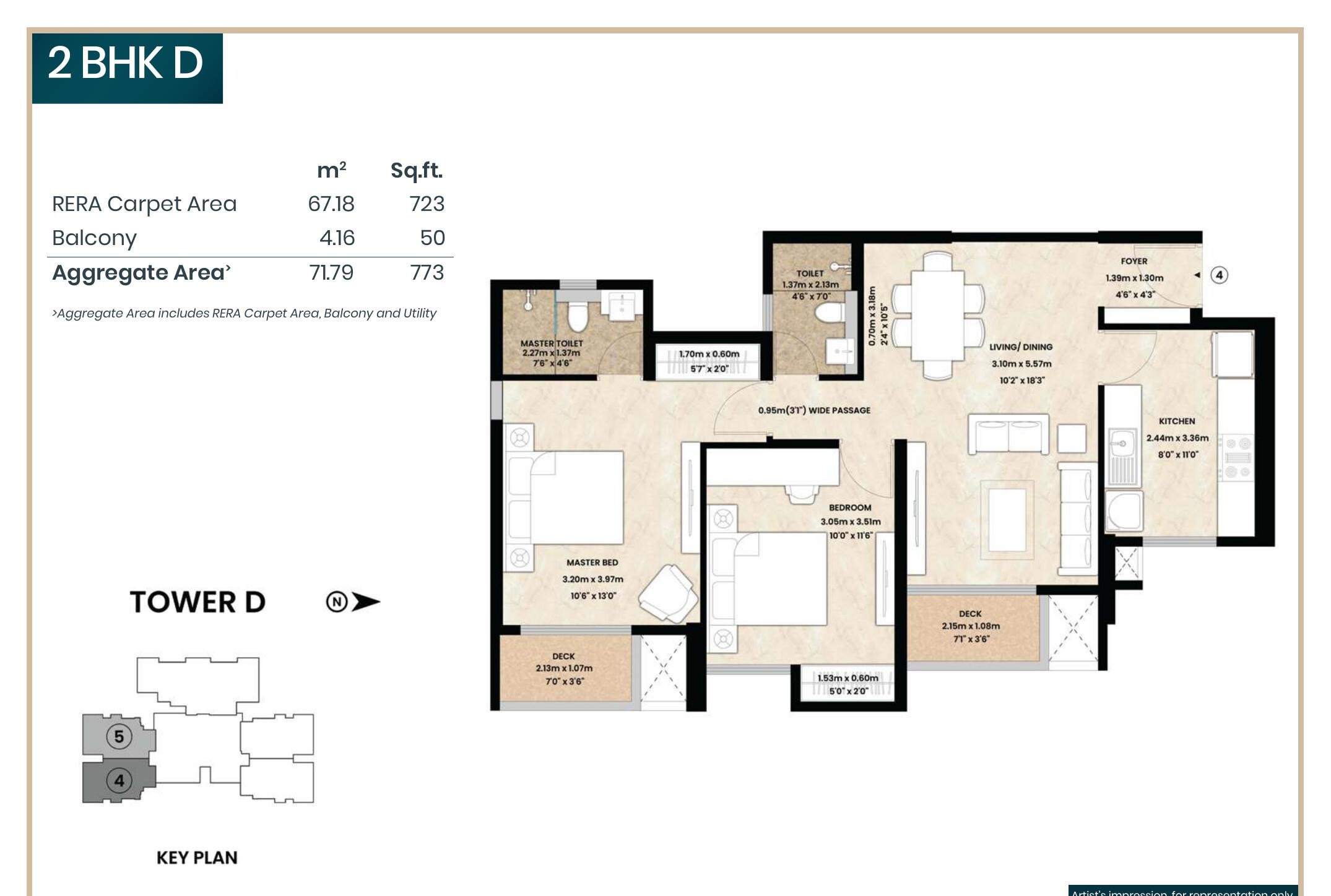 2 BHK D floor plan — 723 sq.ft. carpet area, Mahindra Vista Kandivali East