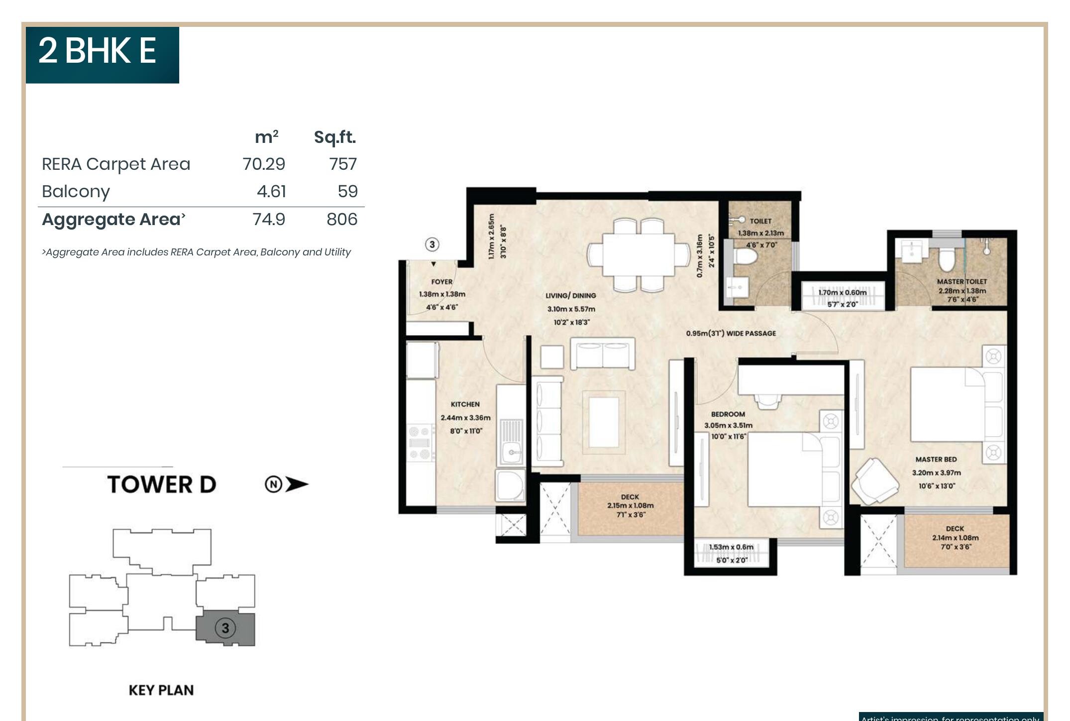 2 BHK E floor plan — 757 sq.ft. carpet area, Mahindra Vista Kandivali East