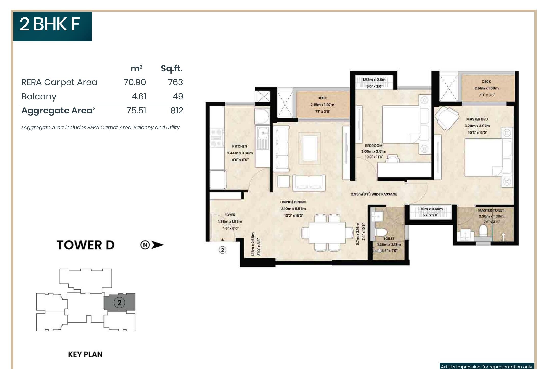 2 BHK F floor plan — 763 sq.ft. carpet area, Mahindra Vista Kandivali East
