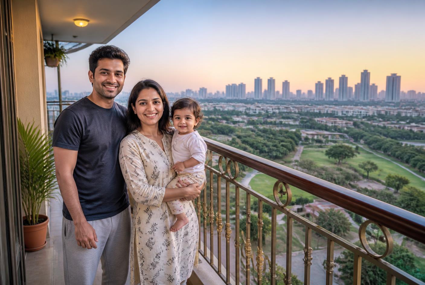 Young family on a high-rise balcony overlooking greens and the city skyline