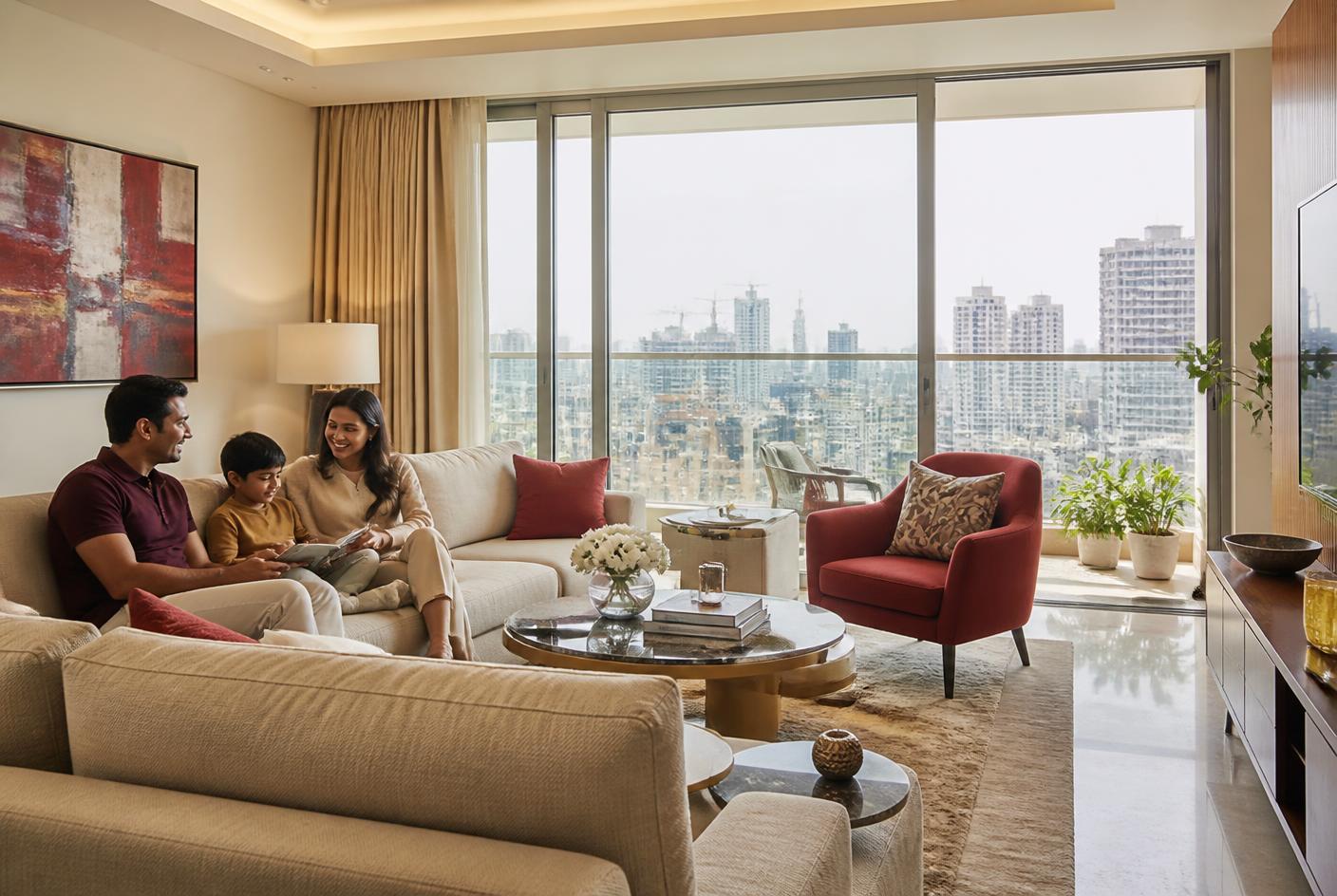 Family relaxing in a bright living room of a Mahindra Vista residence