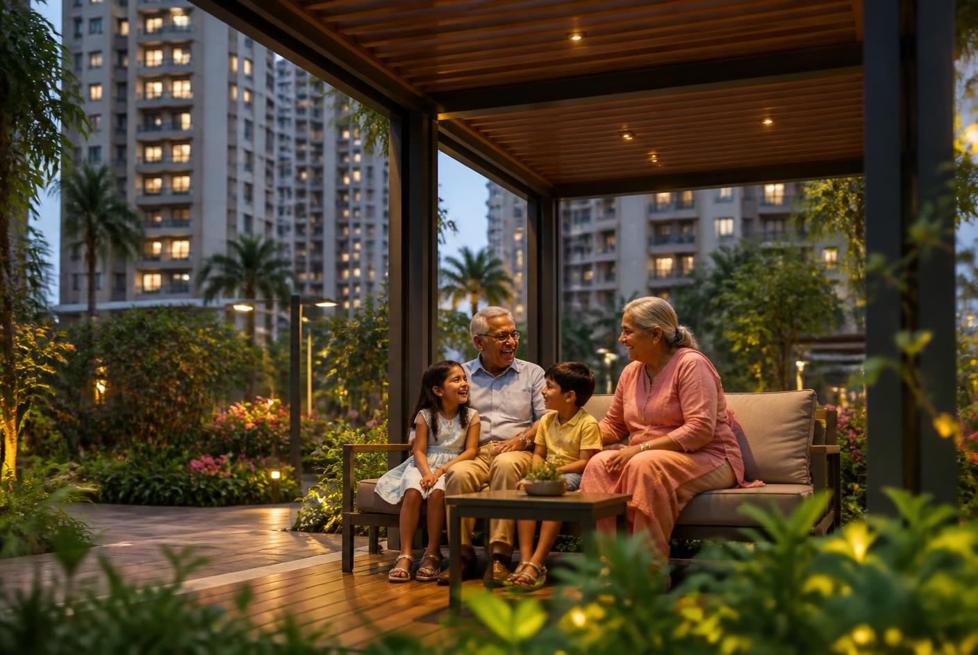 Grandparents and grandchildren in a garden seating pavilion at dusk