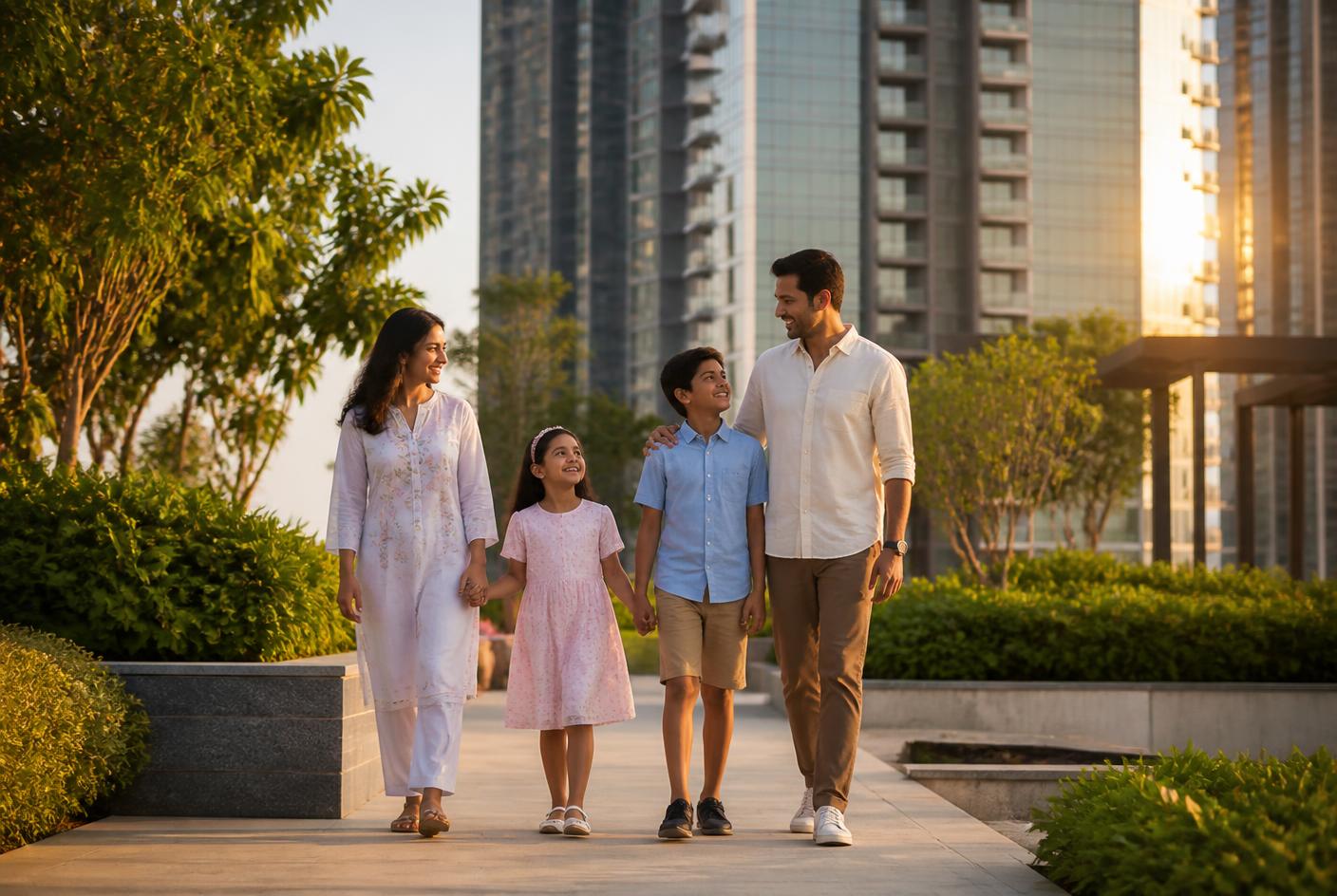 Family walking together through the landscaped podium garden at Mahindra Vista
