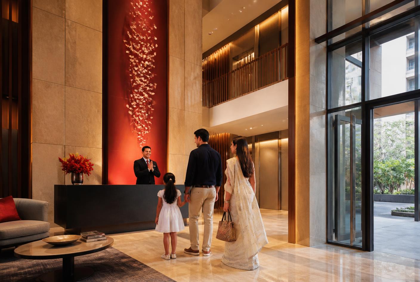 Family arriving into the double-height entrance lobby of the tower