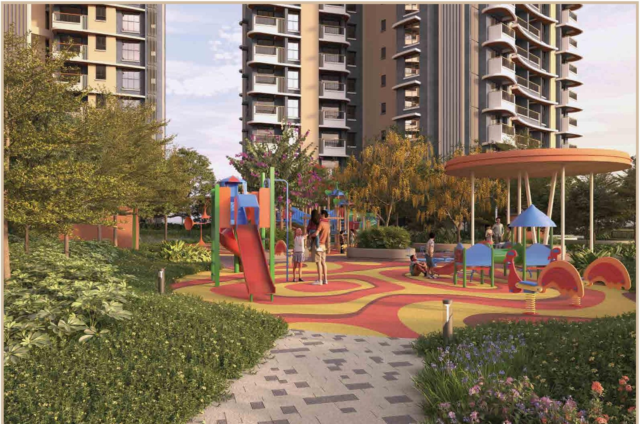 Kids play zone with equipment and seating at Mahindra Vista
