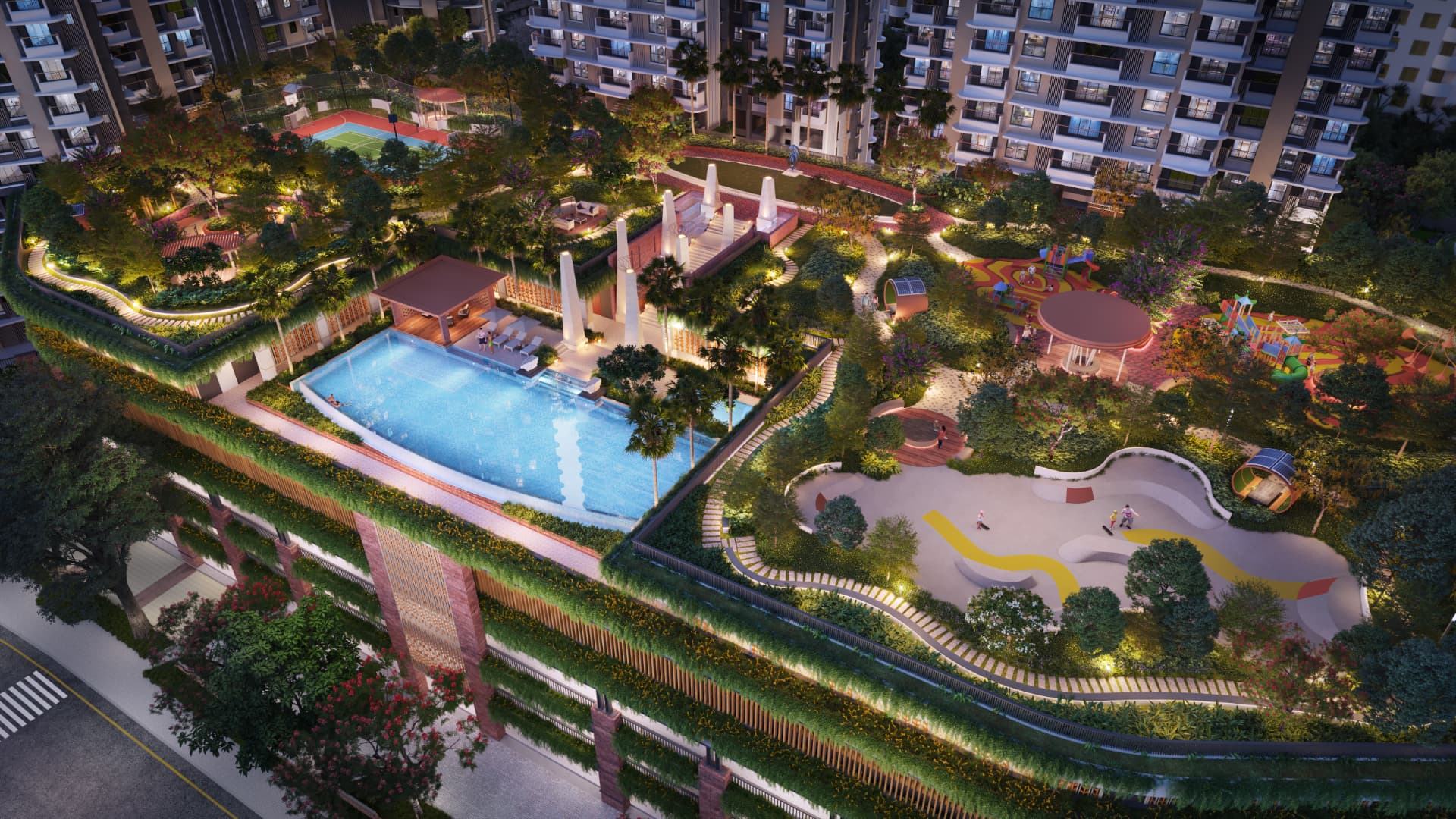 Mahindra Vista landscaped podium illuminated at night