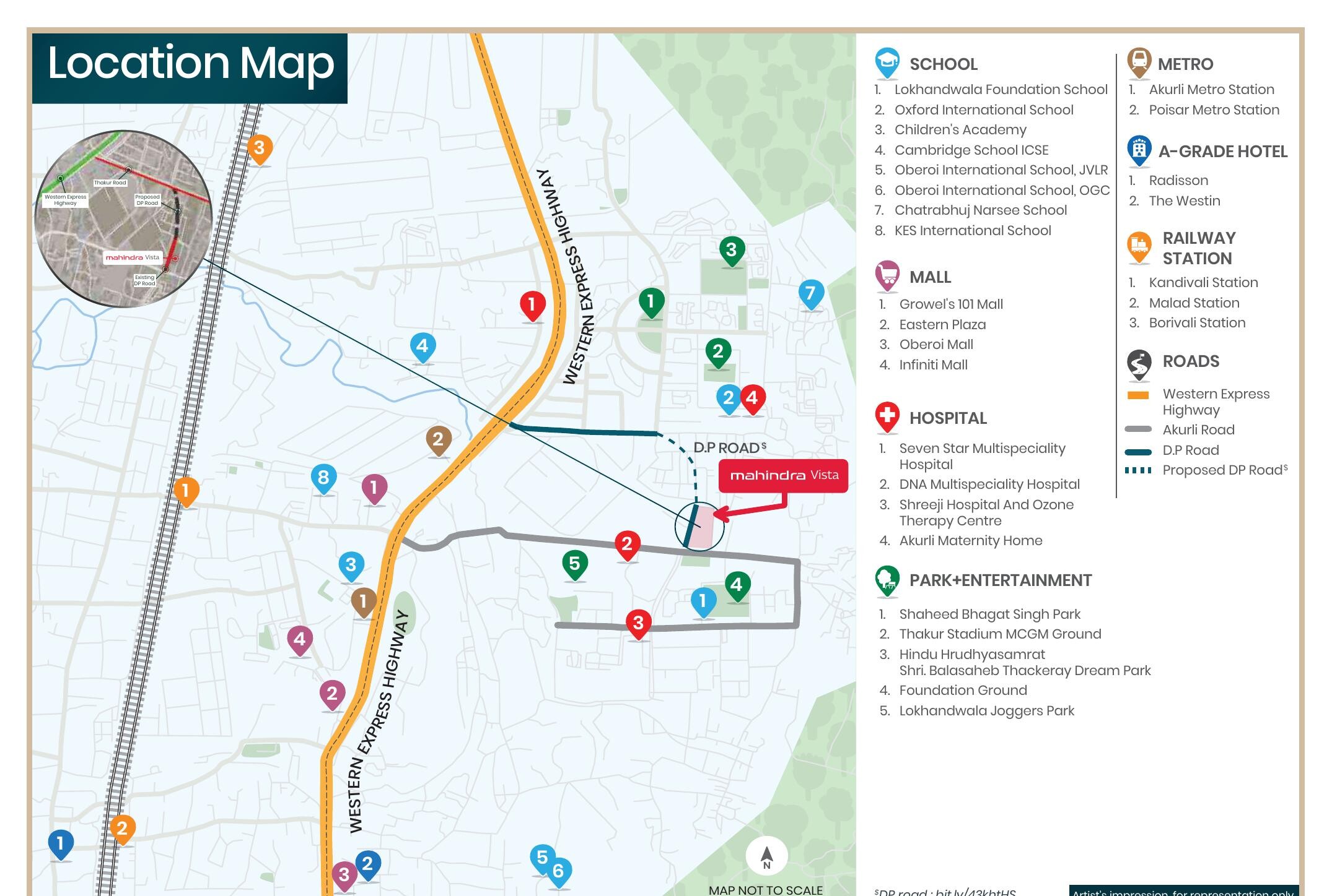 Location map of Mahindra Vista showing Akurli Road, Western Express Highway and nearby landmarks in Kandivali East