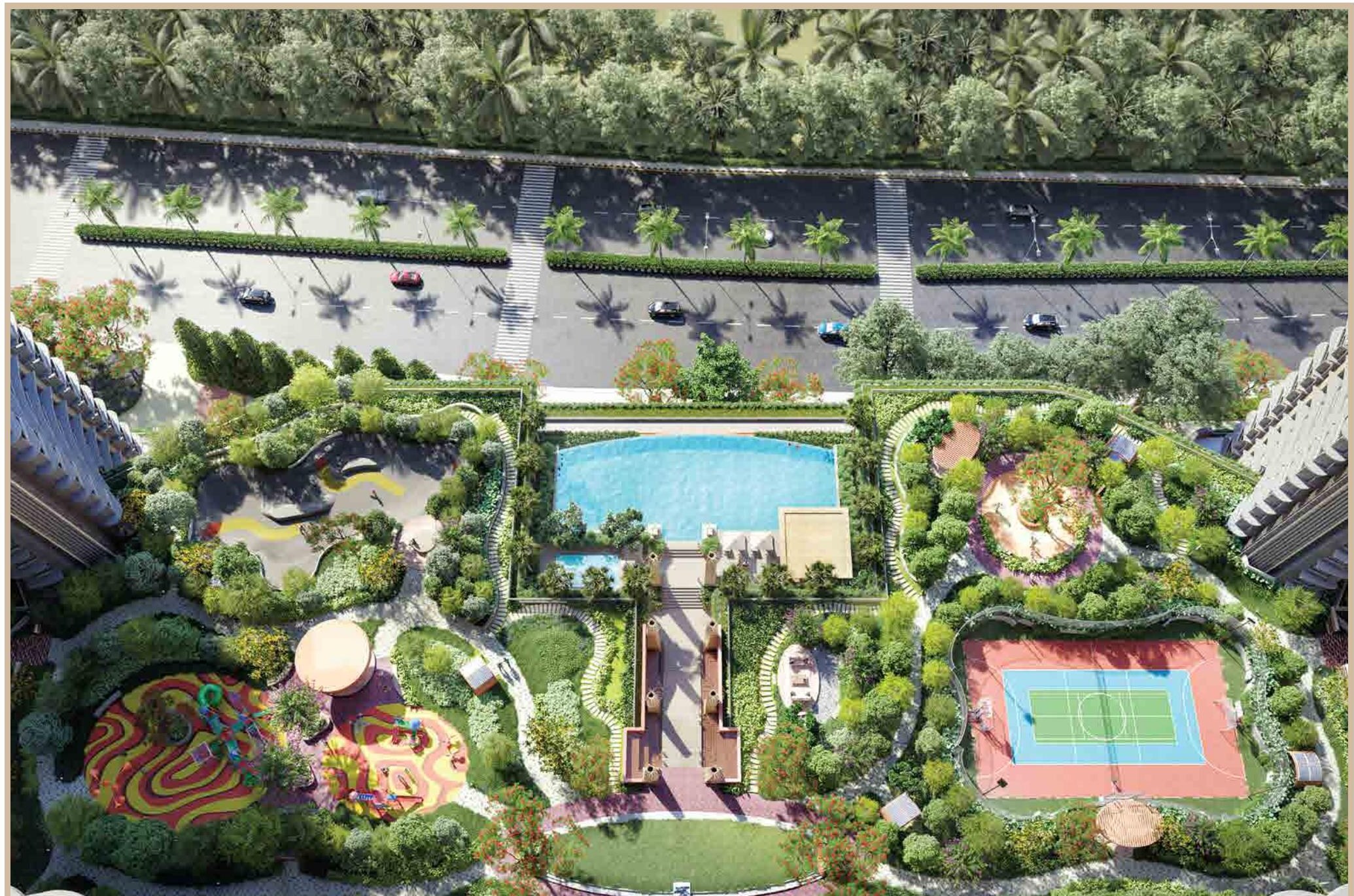 Mahindra Vista landscaped podium with pool, sports court and play areas