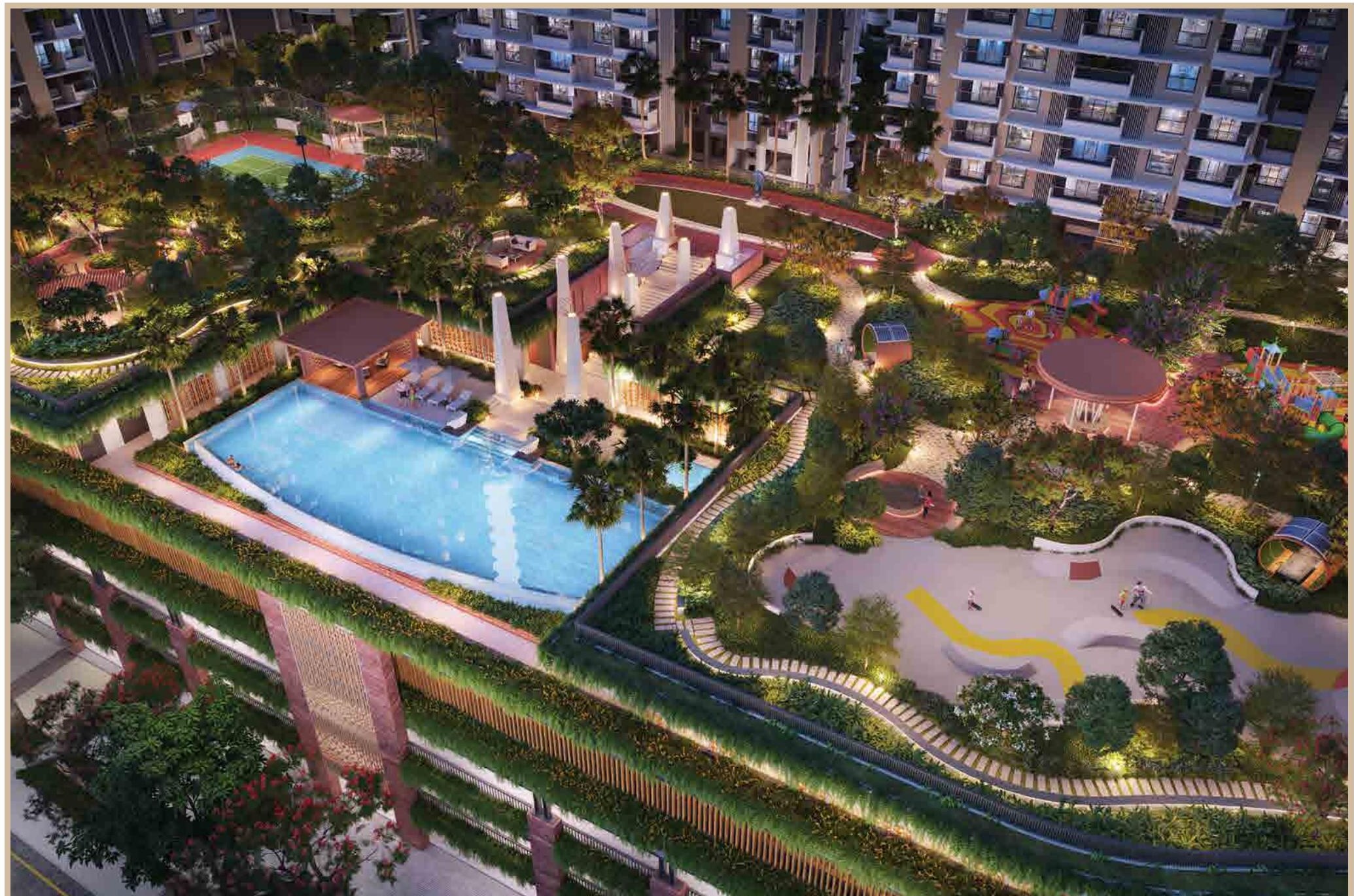 Mahindra Vista pool deck and skating park illuminated at night