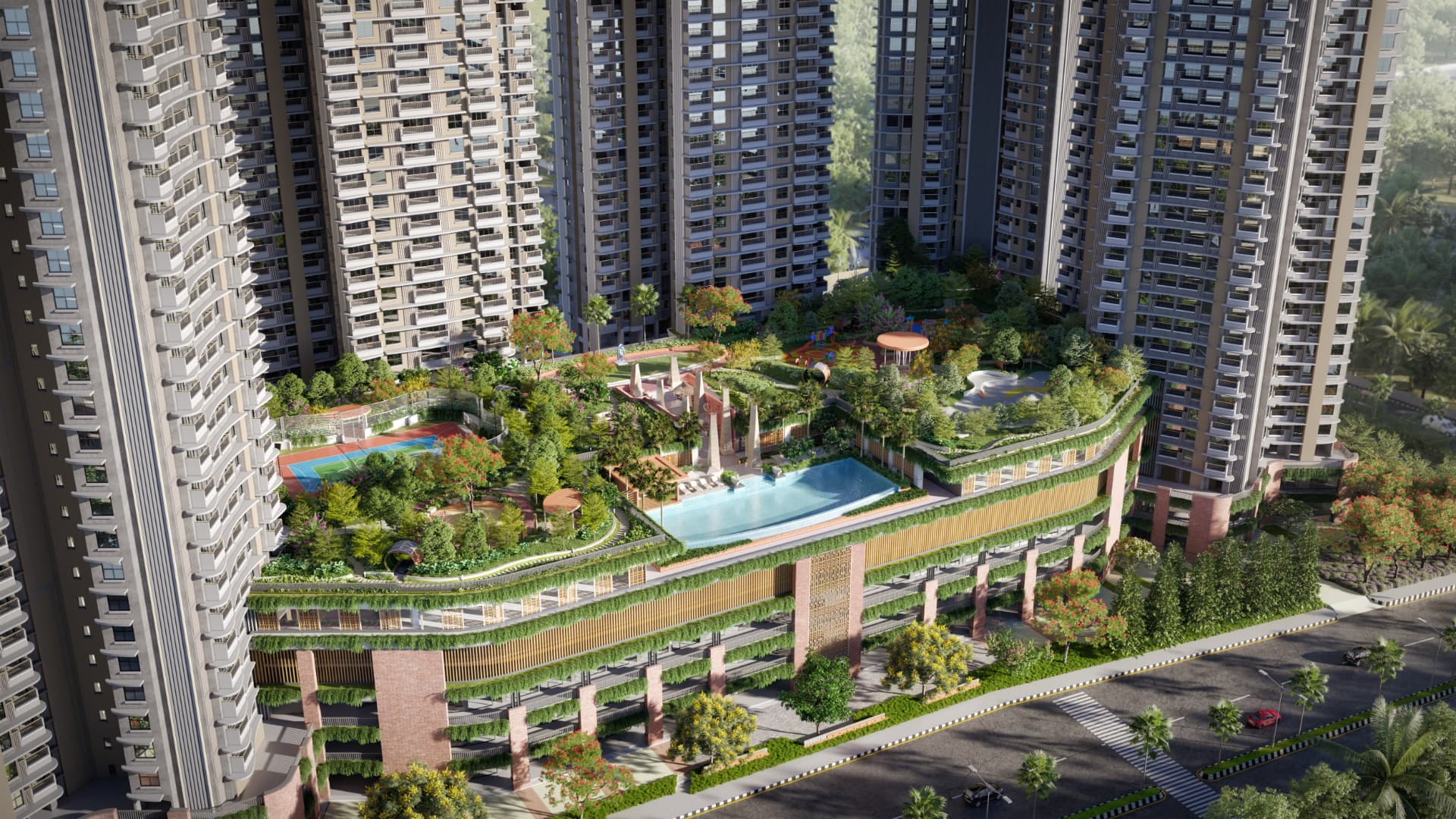 Mahindra Vista podium landscape with infinity pool and high street retail at Kandivali East